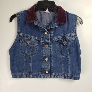 Lee Riveted Vest Womens Size M Blue Cotton Denim Crop Fleece Collar Button Down